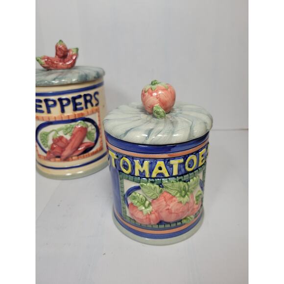 2 Vintage Vegetable Canisters Peppers Tomatoes Ceramic - Picture 2 of 7